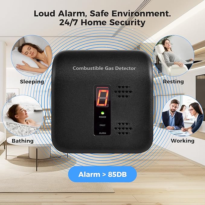 Gas Leak Detector, 2 Pack Natural Gas Alarm for Home & RV, Plug-in Propane Detector Monitor with Audible & Visual Alarm, AC 120V-240V, Black Color