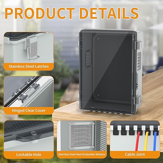 Joinfworld Vented Outdoor Enclosure Box, WiFi Enclosure Waterproof Electrical Box 11.8x6.7x5.6 Plastic Clear with Mounting Panel Stainless Steel Dust Screen