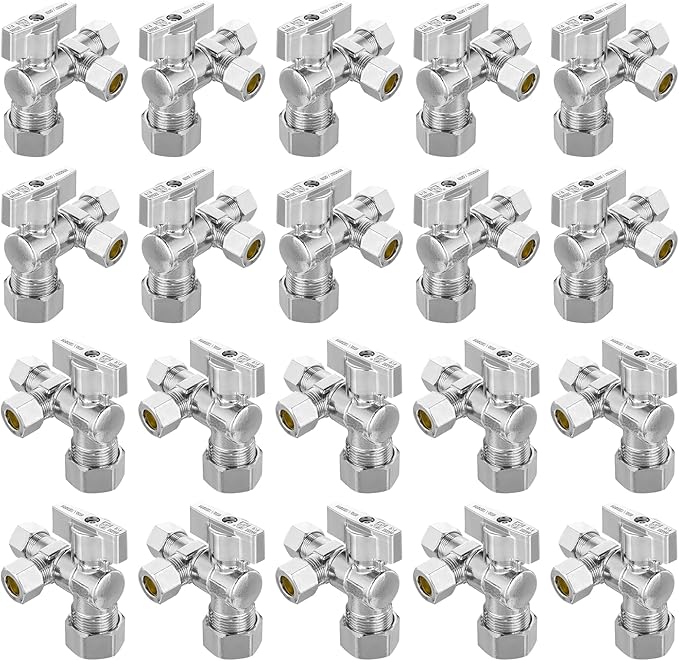 20-PCs HeSun Quarter-Turn Compression Angle Valve, 1/2" Nominal (5/8"OD) x 3/8" OD x 3/8" OD, Dual Compression Outlet Shut Off Valve, Chrome Plated Brass(VALVE206-20)
