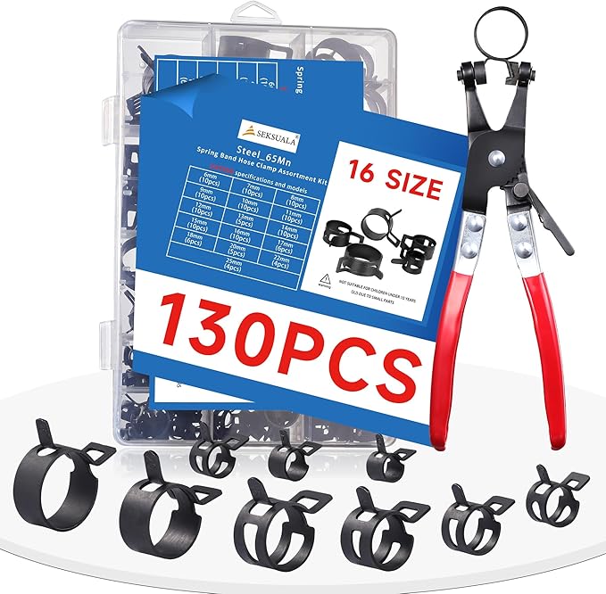 130Pcs 6-25mm Spring Hose Clamps Assortment Kit with Swivel Flat Hose Clamp Plier for Automotive, Plumbing & DIY Projects - Durable Constant Tension Steel Design for Low Pressure Air