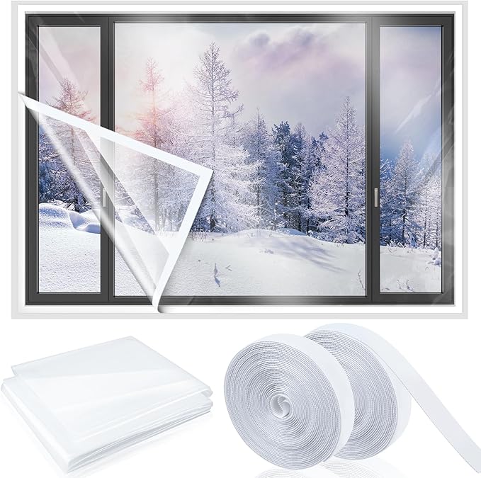 63 x 87 Inch Window Insulation Kit Cuttable Transparent Film with Adhesive Straps Reusable Window Plastic for Winterizing Thicken Thermal Waterproof Attic Insulation Cover Warm Winter