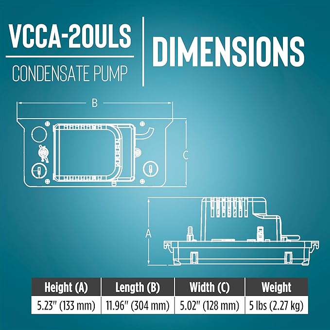 Little Giant VCCA-20ULS 115-Volt, 60 Hz, 1/30 HP, 80 GPH Low-Profile Automatic Condensate Removal Pump with Safety Switch, White/Black, 554201101