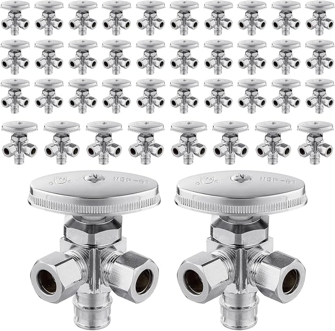 (Pack of 40) Seelink Multi-Turn Dual Outlet Angle Stop Valve, 1/2" Pex-a Expansion F1960 Pipe Inlet x (3/8 inch x 3/8 inch) Compression Outlets, Chrome Plated Brass