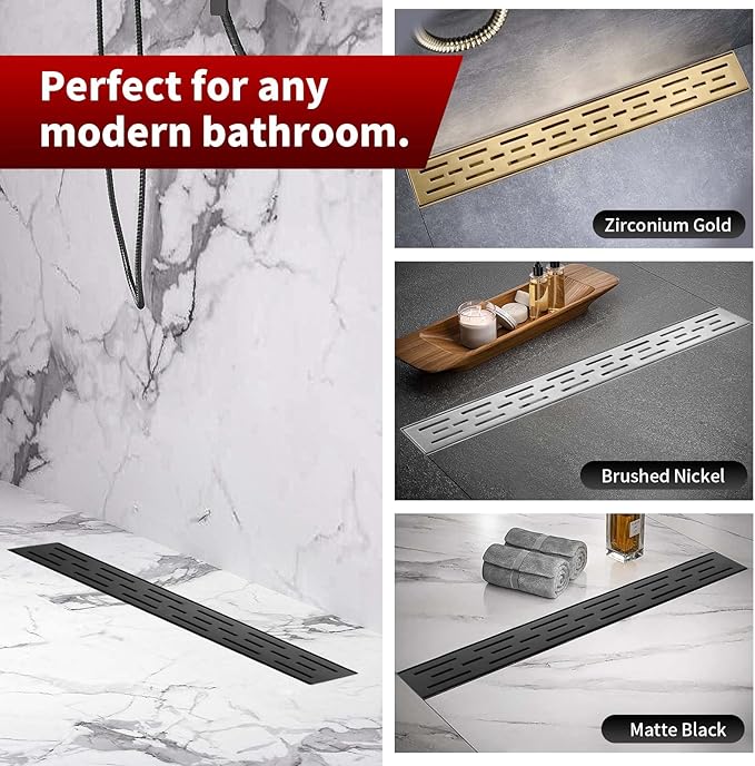 Sharp-tec Linear Shower Drain, 24 inch Shower Drain with Removable Pattern Cover, Matte Black 304 Stainless Steel Rectangle Floor Drain, Adjustable Feet and Hair Strainer Included (Model 101)