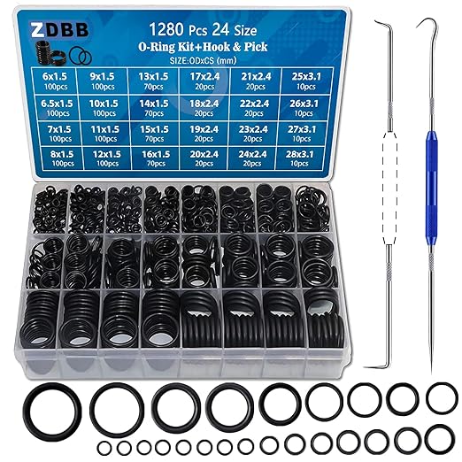 1280 Pcs 24 Size Rubber O-Ring Assortment Kit with Pick and Hook Set for Pressure Washer Faucet Plumbing OD 6mm-28mm