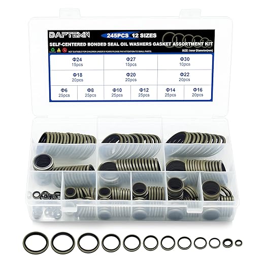 Bonded Seal Washer, NBR Metric Metal Automotive Sealing Washers Assortment Kit, 245PCS Self-Centred Sealing Rubber Gasket Combination Fit 12 Size M6 M8 M10 M12 M14 M16 M18 M20 M22 M24 M27 M30