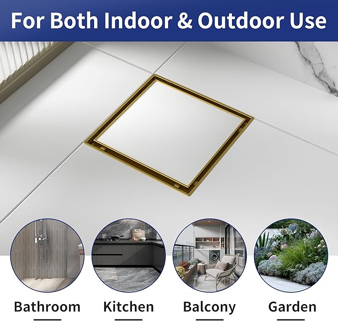 Square Shower Drain 8", Brushed Gold Floor Drain with Tiled Insert Grate & Hair Strainer, 304 Stainless Steel Bathroom 2-in-1 Tiled in Drain, CUPC Certified (Brushed Gold, 8'')