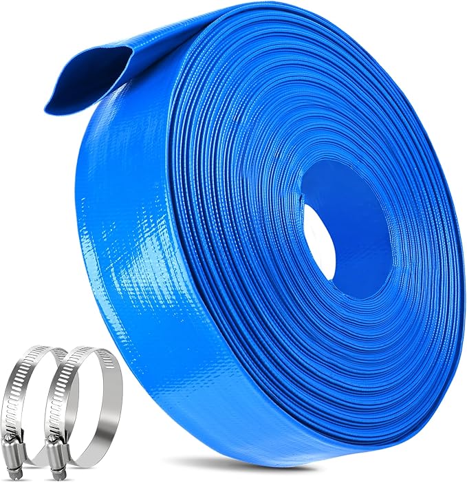 MYFAMIREA 1.25IN x 110FT Pool Backwash Hose Heavy Duty Drain Discharge Double PVC Layflat Hose with 2 Clamp, Weatherproof Burst Resistant for Water Transfer, Sump Pump, Pool Filter, Drain (33.6M,Blue)