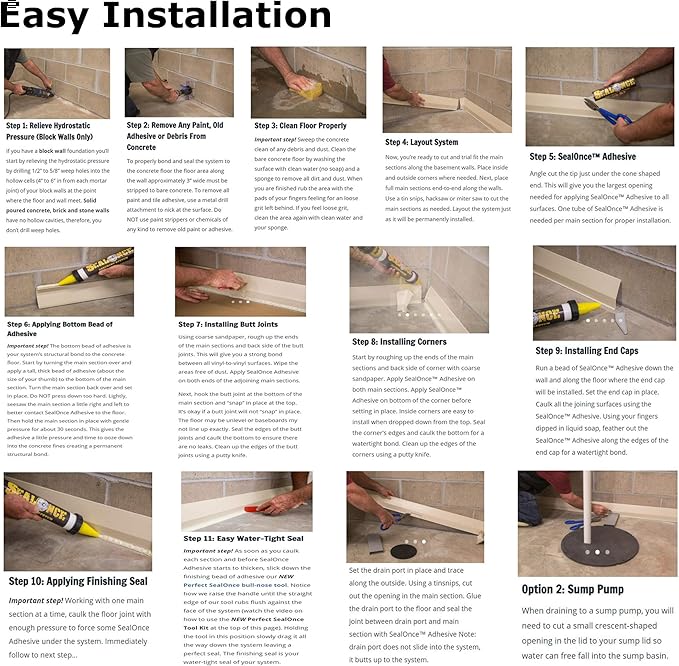 50 Ft - Complete Basement Waterproofing System. Includes, baseboard channel gutter panels, sump pump & basin, floor adhesive, caulk gun and all accessories. DIY System