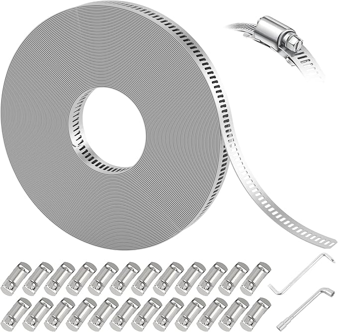 Hose Clamps Assortment Kit, Worm Gear Duct Pipe Hose, 50FT 304 Stainless Steel Band Fittings Strap DIY Large Adjustable Metal Bolt with 24 Fasteners Screw for Plumbing Auto Tube Fuel Line