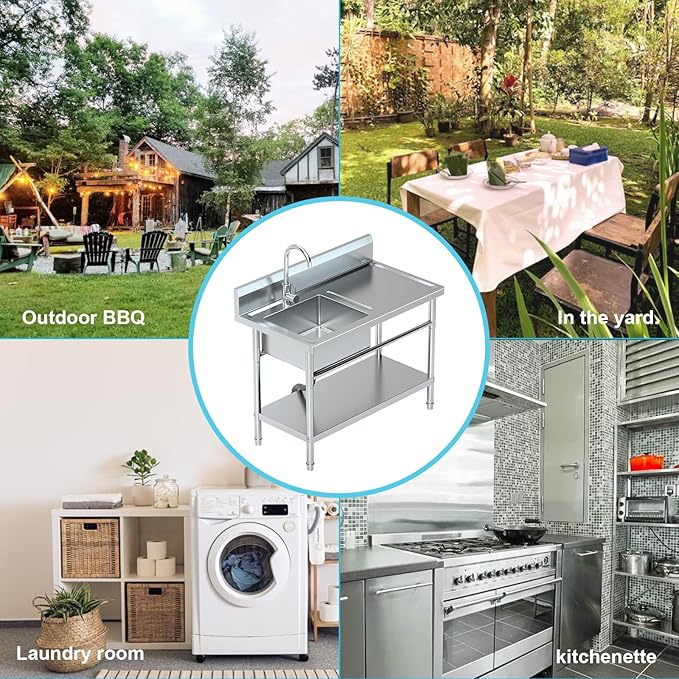 Free Standing Stainless-Steel Single Bowl, Commercial Restaurant Kitchen Sink with Set w/Faucet & Drainboard Hot and Cold Water Plumbing Workbench & Storage for Garage, Restaurant, Laundry