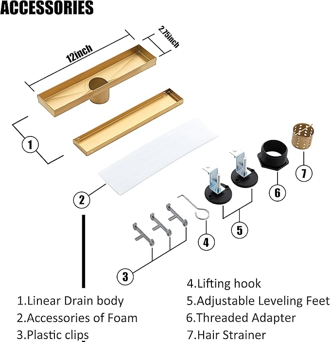12 inch Linear Shower Drain with Removable Square Hole Panel by Using Brushed 304 Stainless Steel Process, Linear Drain Equipped with Adjustable Feet and Hair Strainer(Brushed Gold Color)