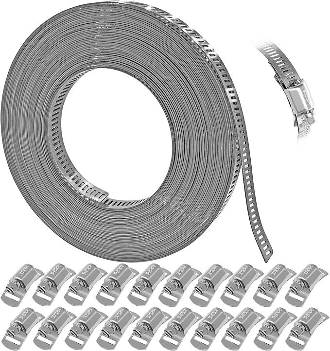 Hose Clamps Assortment Kit, CUKAYO 304 Stainless Steel DIY 39.37 FT Metal Strap+20 Stronger Fasteners, Large Adjustable Worm Gear Band Hose Clamps Screw Clamps Duct Pipe Metal Clamp Strapping