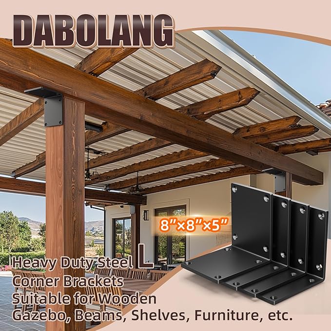 4 Pcs 8" X 8" X 6" Heavy Duty Steel L Angle Bracket for Wood, Large 90 Degree Corner Shelf Support Bracket, 8x8 Post to Beam Connector, Thickness 1/4"(6mm), Max Load 300+lbs-
