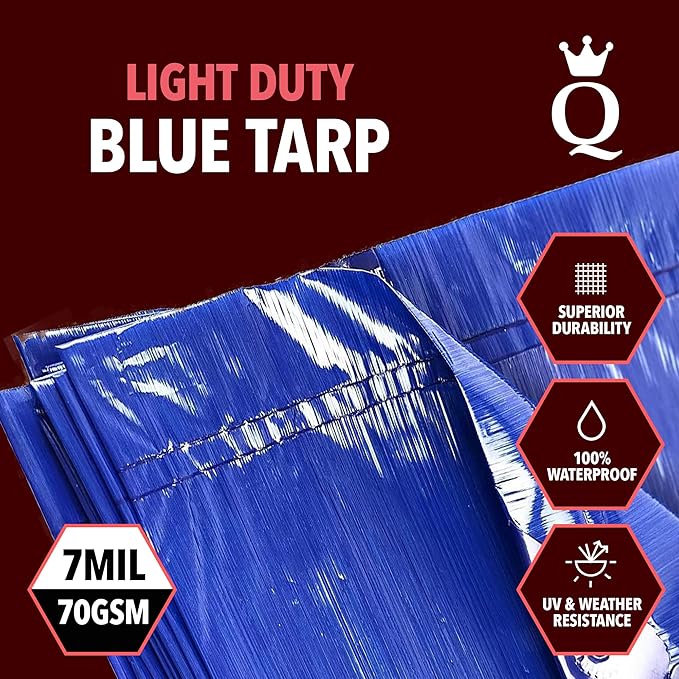 QUEEN OF TARPS | 8x10 Light Duty Tarp Waterproof, 70 GSM is 7 MIL, UV/Tear Resistant Tarp, Camping, Outdoor Furniture, Car, Tents, Painting, Firewood Protection | 8x10, Light Duty
