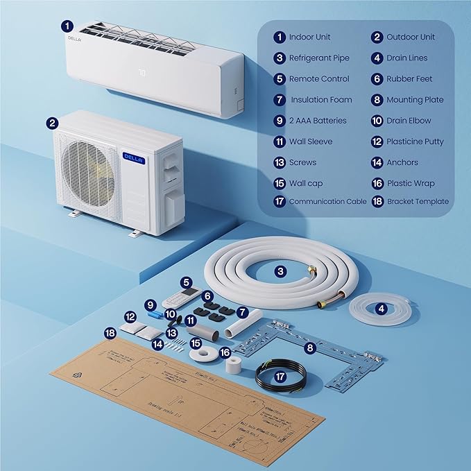 DELLA Vario Series 9000 BTU Mini Split Air Conditioner, Work with Alexa, 19 SEER2, Energy Star, Cools Up to 400 Sq.Ft, Ductless Inverter System, Heat Pump Pre-Charged and 16.4ft Installation Kits