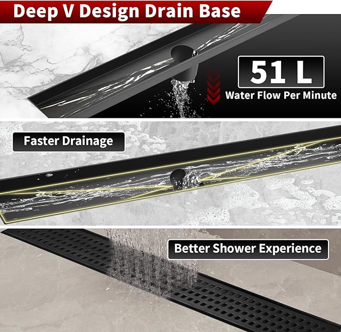 Sharp-tec 36 inch Linear Shower Drain, Black Rectangular Floor Drain, V-Shape Design Drain Channel, 304 Stainless Steel, cUPC Certificated for Bathroom Shower Room (Drain Base is Not Included)