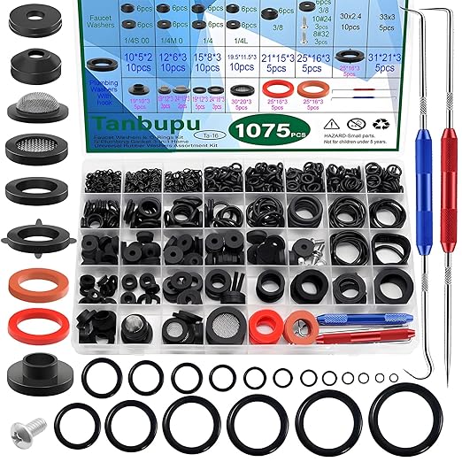 37 Sizes 1075Pcs Universal Plumbing Repair Kit Faucet washers & O-Rings & Sealing gaskets for Faucets, Hoses, Spigots and Other Home Plumbing fixtures with Pick Hook