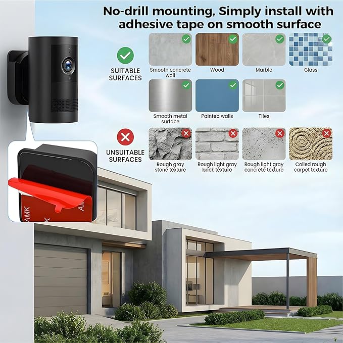 No Drill Wall Mount for Ring Outdoor Cam Plus, Adhesive Indoor Camera Mount with Strong Tape and Screws, Two Ways Easy Installation, 2Pack(Black)