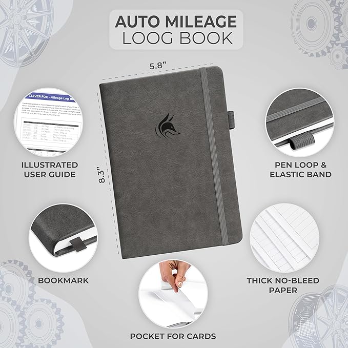 Clever Fox Auto Mileage Log Book – Vehicle Logbook with Mileage, Expense, Gas Consumption & Lubrication Trackers – Driving Logger for Car Records – A5 Size, 1,674 Mileage Entries (Gray)