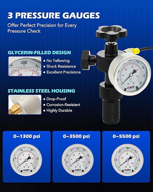 Orion Motor Tech Hydraulic Nitrogen Accumulator Charging Kit, Nitrogen Fill Kit with 3 Gauges 1300 3500 5500 psi, 6 Adapters, Gas Hose & Main Valve Body, hydraulic pressure test kit, Gas Charging Tool