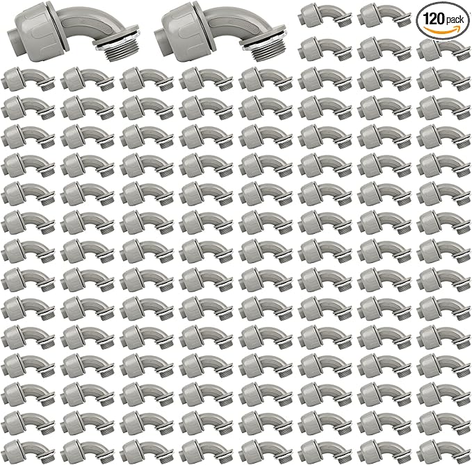 Conduit Connectors, 3/4 Inch Liquid Tight Connector NPT Non-Metallic for PVC Electrical Flexible Conduit Fittings, 90 Degree, UL Listed for Home Outdoor Tubes Tools, Grey (120-Pack)