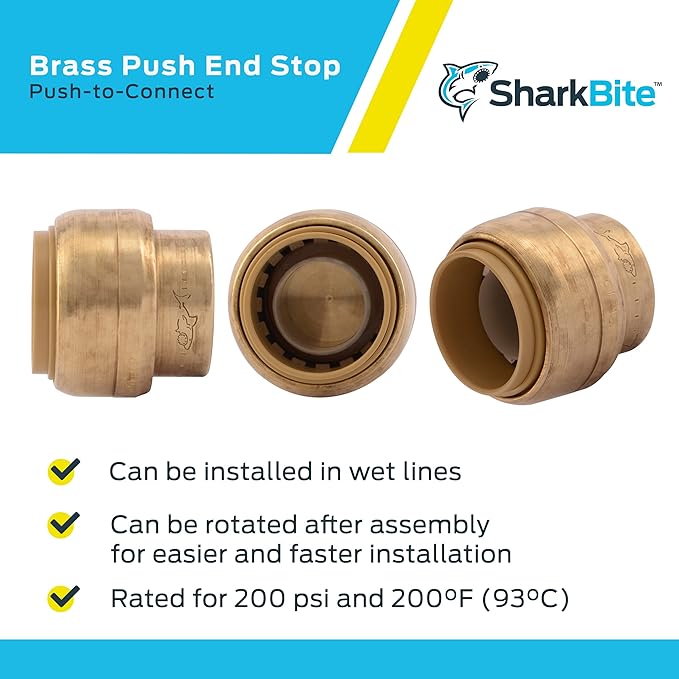 SharkBite 3/4 Inch Push Cap, Push to Connect Brass Plumbing Fitting, PEX Pipe, Copper, CPVC, PE-RT, HDPE, U518LFA