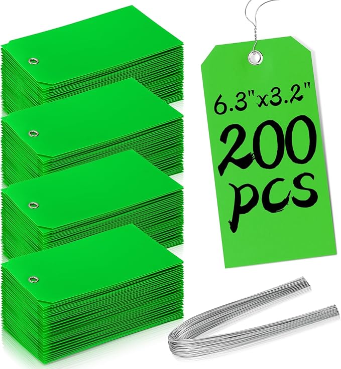 200 Pieces 6 1/4 x 3 1/8 Shipping Tags with String #8 Waterproof Green Tags for Labeling with Wire Blank with Holes Garage Sale for Moving Parts Equipment Garden Outdoor (Green)