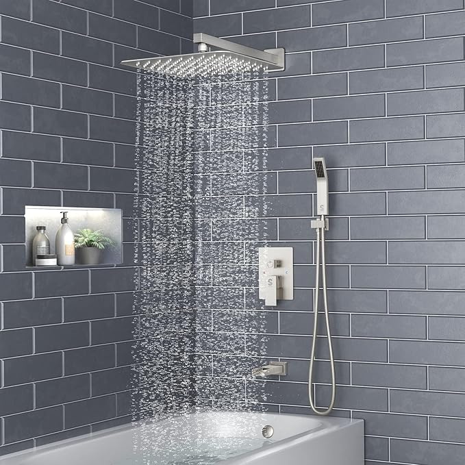 SR SUN RISE 12 Inches All Metal Shower System with Tub Spout Square Rain Shower Head and Handheld Combo Shower Fixtures, Bathtub Faucet Set, Shower Valve and Trim Kit, Brushed Nickel