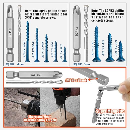 220Pcs Concrete Screws with Drill Bit and Driver bit, 3/16" 1/4" Flat Head Concrete Cement Screws Assortment Kit for Anchoring to Masonry, Block or Brick Stucco, Length 1-1/4" to 3-1/4"