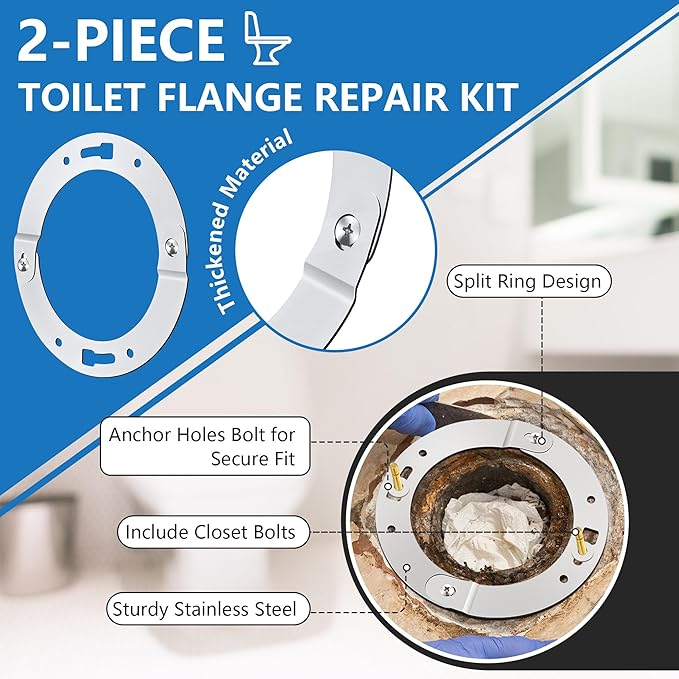 2 Piece Toilet Flange Repair Kit, Toilet Flange Repair Ring with 1/4" x 2-1/4" Closet Bolts, Stainless Steel Split Ring for Cast Iron, PVC or ABS(1 Pack)