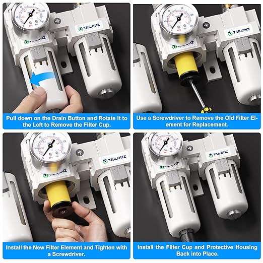 TAILONZ PNEUMATIC 3/8 Inch NPT Air Filter Pressure Regulator Water/Oil Trap Separator Combo(0-145PSI),Air Tool Compressor Filter with Gauge AC3010-03D（Automatic Drainage）