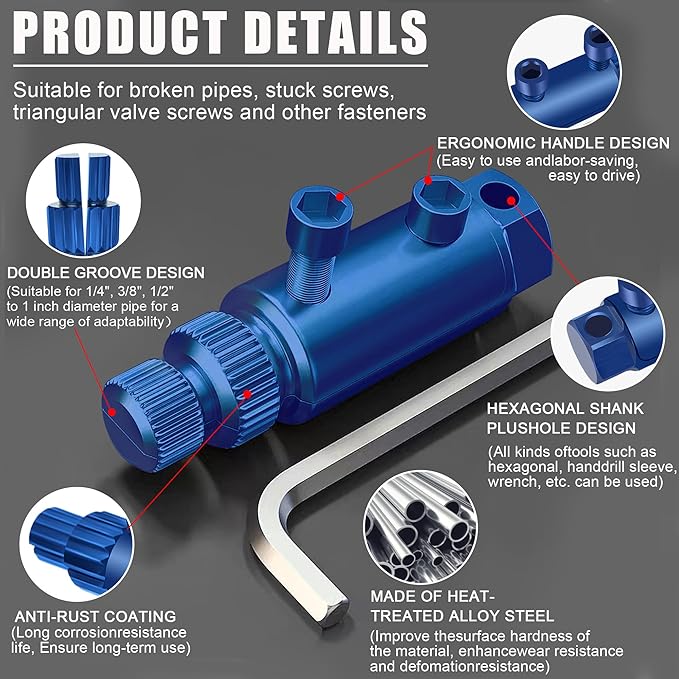 Broken Pipe Thread Extractor Tool, New Broken Faucet Removal Tool, 2025 Stripped Screw Bolt Extractor Set for 1/2" 3/8" 3/4" 1" Damaged Faucet Water Pipe, Handle Valve Thread Extractor (Blue)