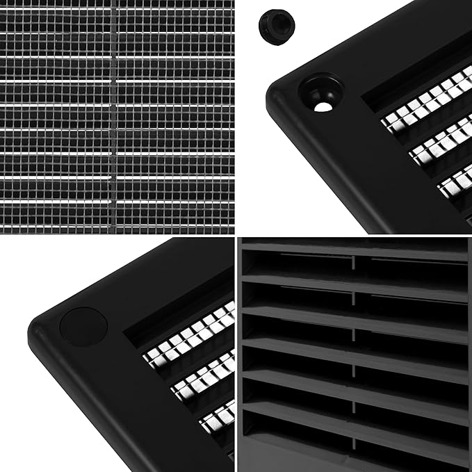 Repa Market 12 x 12 Inch (Outer) Black Square Air Vent Cover - Pack of 2 Plastic Fresh Air Intake Vent - AC Cover with Nylon Mesh Screen, Wall, Ceiling HVAC Return Air Register, Modern Soffit Vents