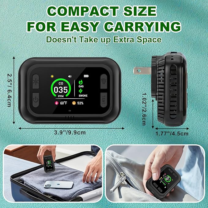 Carbon Monoxide Detector Plug in Wall, 5 in 1 Natural Gas Detector & Smoke Alarm with HD Digital Screen, Portable Smoke Detector for Travel, CO Propane Gas Detector for Home Hotel Camping RV (White)