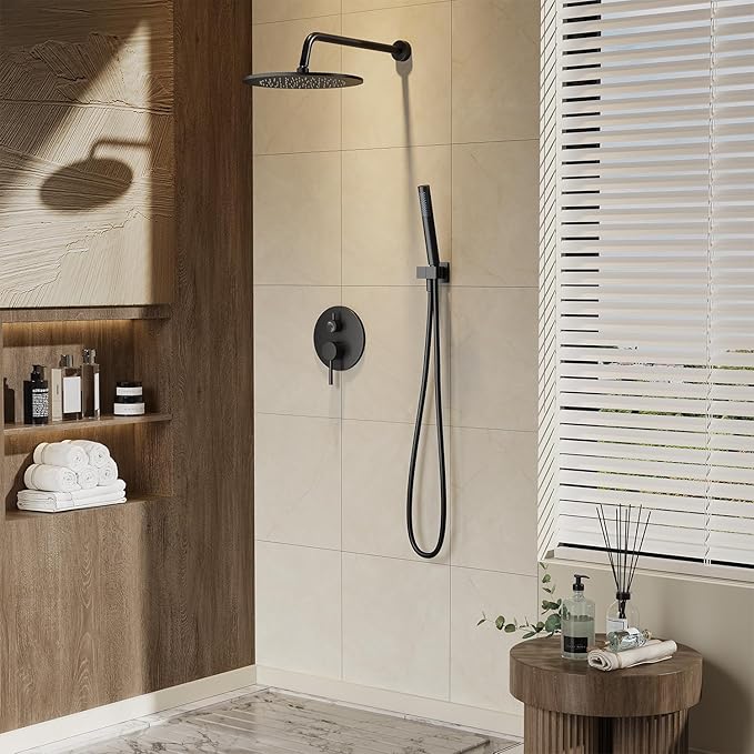 Gabrylly Black Shower Faucet Set, Wall Mounted System with Shower Valve, High Pressure 10" Rain Shower head with Handheld Spray Combo, 2 Way Rainfall Shower Fixtures, Matte Black