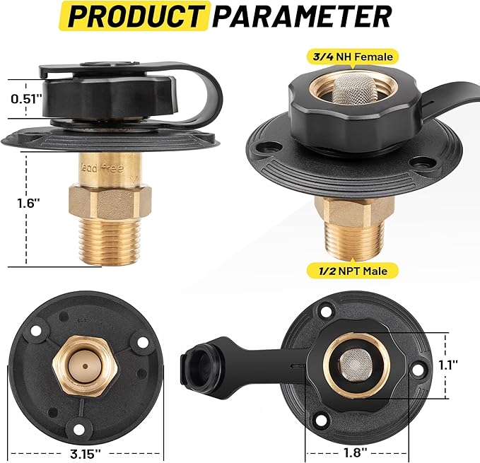 Oyviny RV City Water Inlet with Check Valve, Lead-free Brass RV Fresh Water Inlet 3/4 NH Female to 1/2 NPT Male Connection, Water Fill Inlet Flange Replacement for Camper Trailer Motorhome Marine