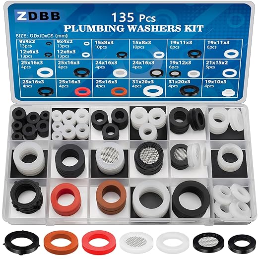 135 Pcs Flat Washer,Silicone and Nitrile Rubber Assortment Kit, Used for Faucet,Shower Head, Garden Hoses, Reusable Flat Washer O Rings