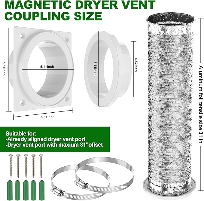 Magnetic Dryer Vent Coupling - Airtight Seal, Quick Connect Strong Magnet Dryer Vent Connector Kit with 4 inch 2.6ft Dryer Vent Hose & Clamps Screws Ideal for Small Bathrooms and Irregular Layouts