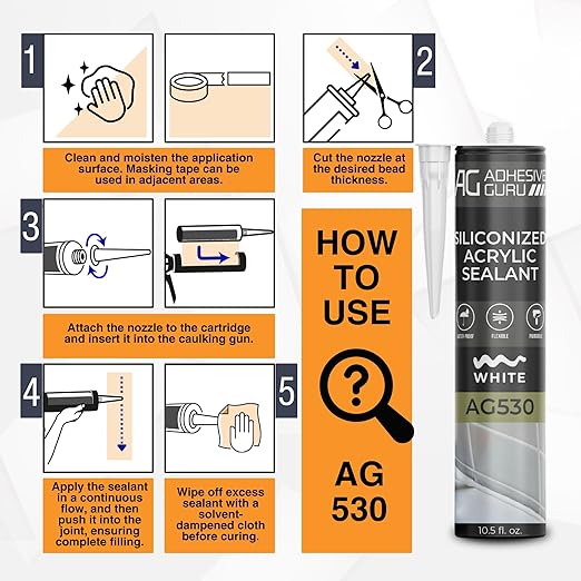 Adhesive Guru AG530 Siliconized Acrylic Sealant (12x10.5 fl oz), Waterproof Paintable Caulk for Bathtubs, Windows, Showers, Indoor Outdoor Caulking Weatherproof, White - 12 Pack