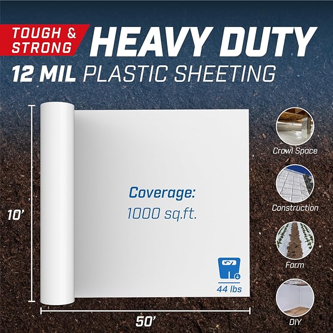 Crawl Space Vapor Barrier, 12 Mil 10' x 50', White Vapor Barrier, Thick Plastic Sheeting, Heavy Duty Polyethylene Film, Drop Cloth Covering for Crawl Space, Basement, Garden