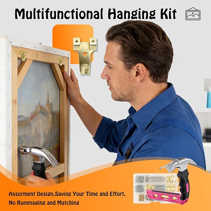 Picture Hanging Kit Hanging Hardware Assorted with Magnetic Hammer D Ring Nails Hooks Wires Magnetic Level for Wall Mounting Heavy Picture Canvas Paintings Photos Frame Board Clock