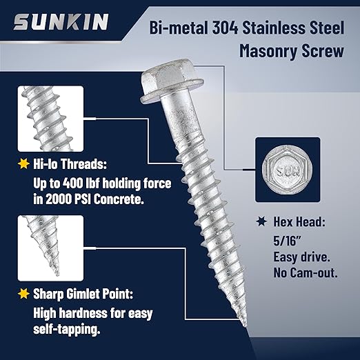 SUNKIN #14x1-5/8 inch Stainless Steel 18-8 Bi-Metal Masonry Concrete Screw, Hex Head Zinc Plated 60 PCS Exellent NO Rust for 20+ Years Ideal for Outdoors Projects