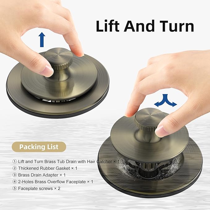 Antique Brass Bathtub Drain, Hair Catcher and 2-Hole Overflow Faceplate, 11.5/16 UNC, Lift and Turn Bathtub Drain Replacement, Tub Drain Stopper