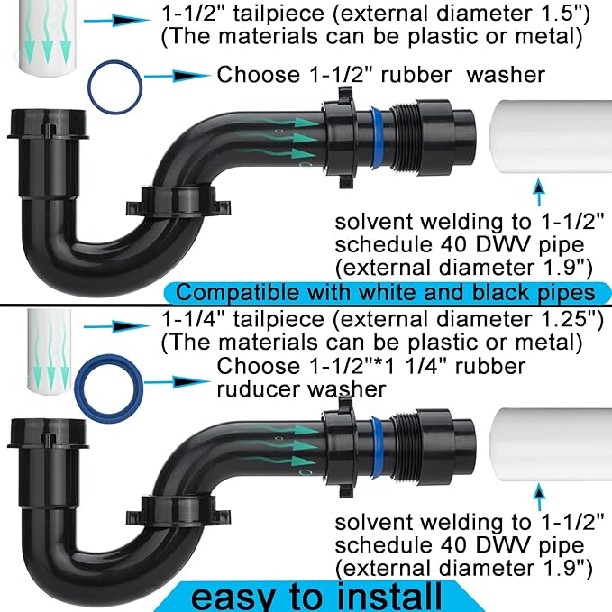 (1 Pack) Yariwiz Black P Trap 1 1/2 Inch for Bathroom Kitchen Sink Drain Pipe Tubular Kit with Black Threaded Adapter and Blue TPE Washer KSD-001B