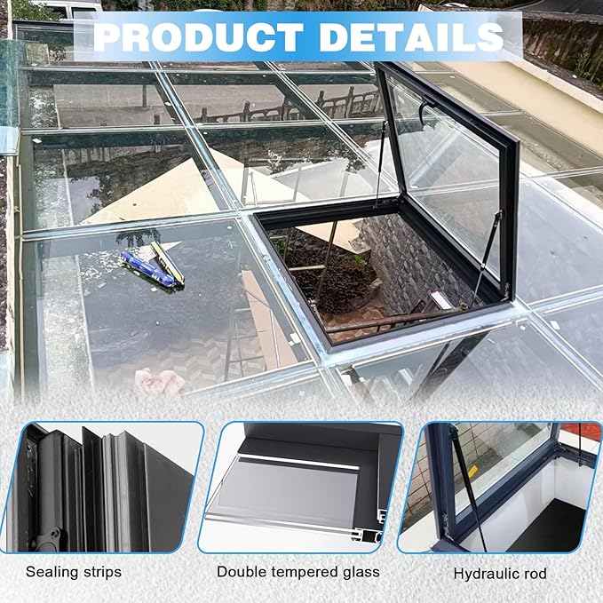 Skylight Roof Window, Tempered Glass Skylight Cover, Aluminum Alloy Frame & Hydraulic Rod, Egress Roof Window with Double-Layer Tempered Glass, for Roof, Attic, Basement, Sun Room(26.7*30.7in/68*78cm)