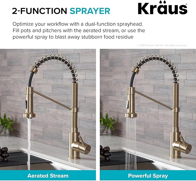 KRAUS Bolden Commercial Style Pull-Down Kitchen Faucet and Purita Water Filter Faucet Combo in Spot Free Antique Champagne Bronze, KPF-1610-FF-100SFACB
