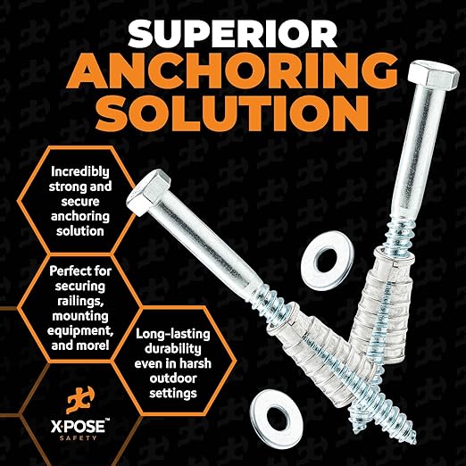 Concrete Anchors Set with 6" Lag Bolt, Lag Shield and Washer - 4 Sets per Pack - 1/2" Bolt Lag Screws 6-Inch for Parking Curb Stop - Galvanized Steel Lag Bolts