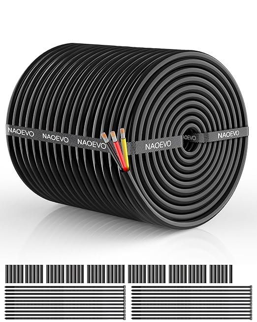 NAOEVO 12 Gauge Wire 3 Conductor Electrical Wire, 12 AWG Stranded PVC Cord, 12V Low Voltage/Tinned Copper/Flexible Cable for Automotive Wiring, Lamp Cord, Marine Cable (200FT)