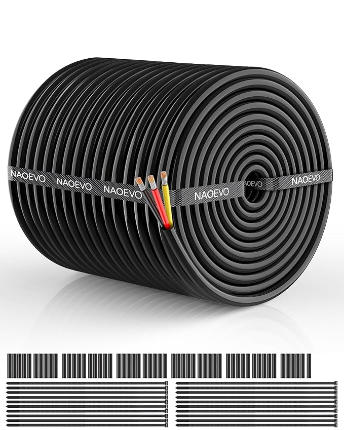 NAOEVO 16 Gauge Wire 3 Conductor Electrical Wire, 16 AWG Stranded PVC Cord, 12V Low Voltage/Tinned Copper/Flexible Cable for Automotive Wiring, Lamp Cord, Marine Cable (200FT)